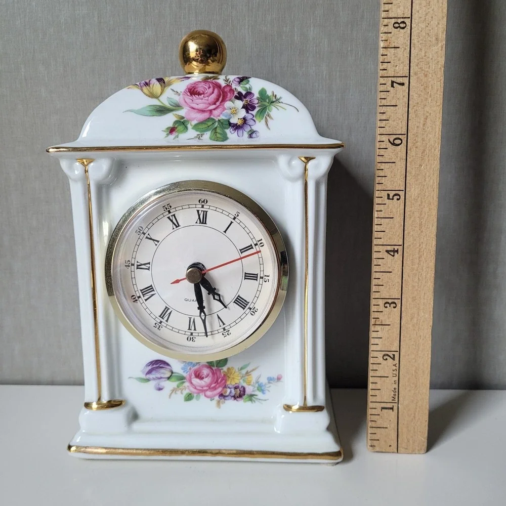 Vintage Porcelain Mantel Clock - Floral Chintz & Gold Trim - Tested & Working